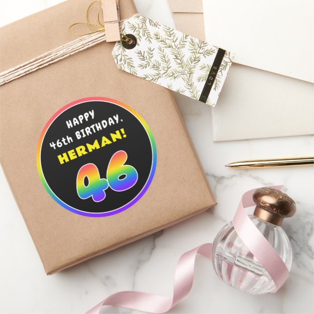 46th Birthday: Colourful Rainbow # 46, Custom Name Classic Round Sticker (Gifting)