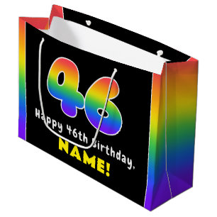 46th Birthday: Colourful Rainbow # 46, Custom Name Large Gift Bag