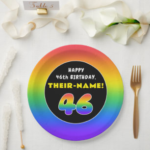46th Birthday: Colourful Rainbow # 46, Custom Name Paper Plate
