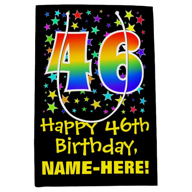 46th Birthday: Colourful Stars Pattern & Rainbow 4 Medium Gift Bag (Front)