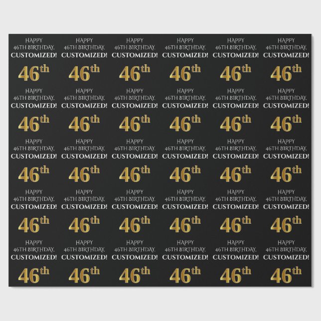 46th Birthday: Elegant, Black, Faux Gold Look Wrapping Paper (Flat)