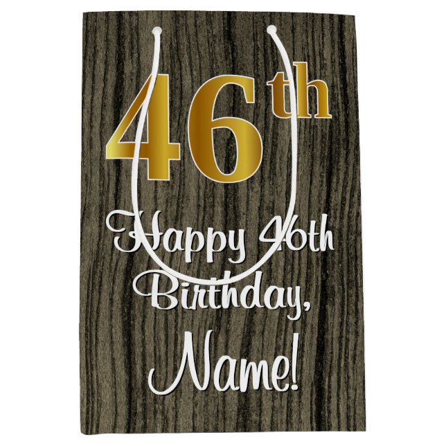 46th Birthday: Elegant Faux Gold Look #, Faux Wood Medium Gift Bag (Front)