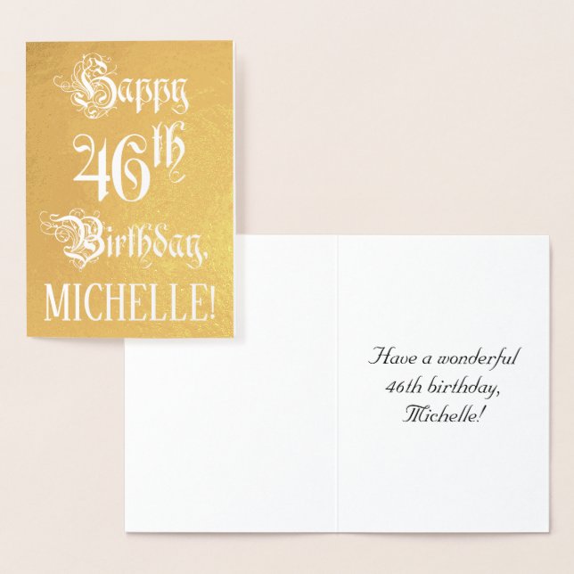 46th Birthday: Elegant, Ornate Script; Custom Name Foil Card (Display)