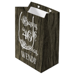 46th Birthday: Fancy, Faux Wood Look + Custom Name Medium Gift Bag