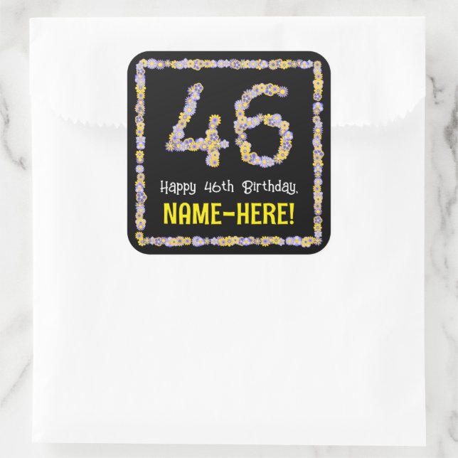46th Birthday: Floral Flowers Number, Custom Name Square Sticker (Bag)