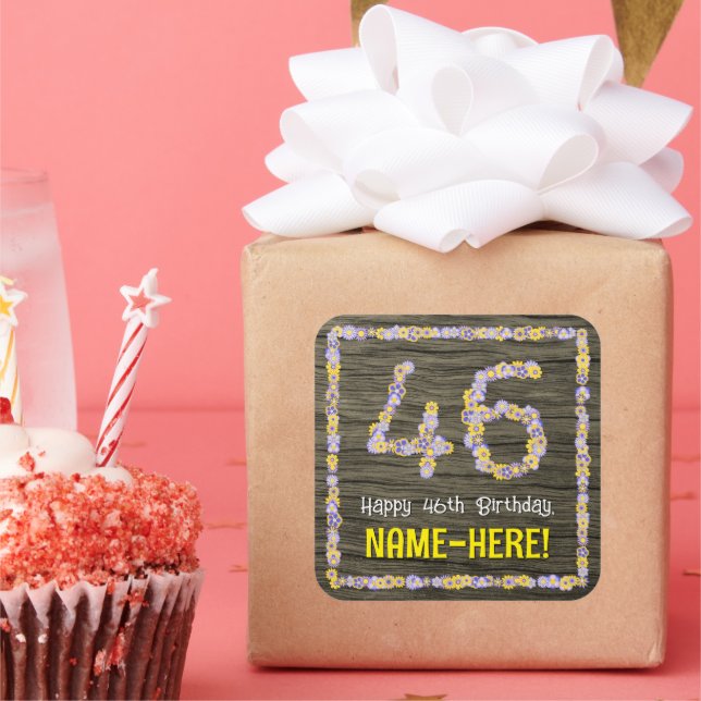 46th Birthday: Floral Number, Faux Wood Look, Name Square Sticker (Party)