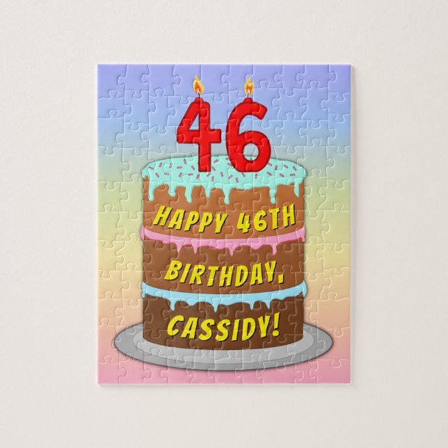 46th Birthday: Fun Cake and Candles + Custom Name Jigsaw Puzzle (Vertical)