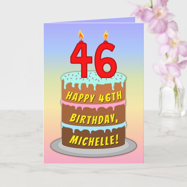 46th Birthday — Fun Cake & Candles, w/ Custom Name Card (Orchid)