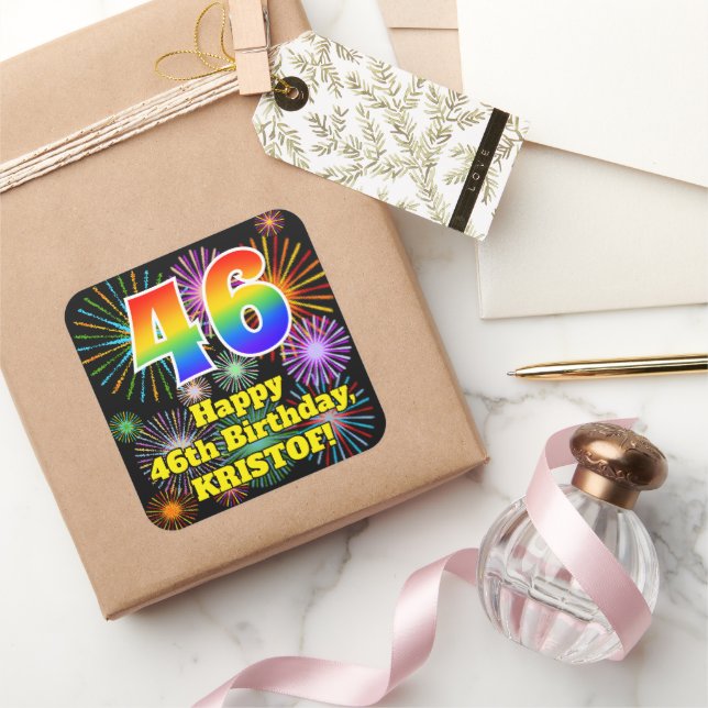 46th Birthday: Fun Fireworks Look, Rainbow # 46 Square Sticker (Gifting)