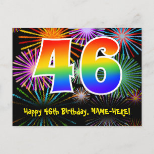 46th Birthday – Fun Fireworks Pattern + Rainbow 46 Postcard
