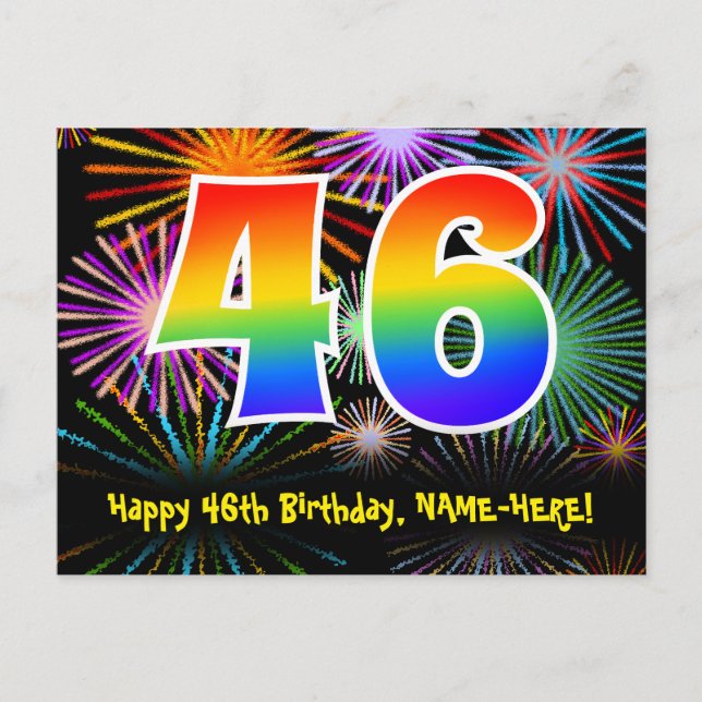 46th Birthday – Fun Fireworks Pattern + Rainbow 46 Postcard (Front)