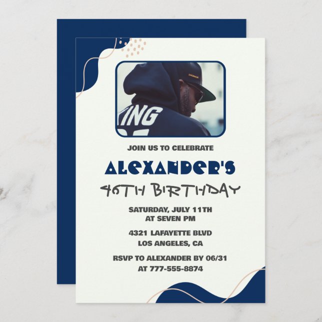 46th birthday invitations Men Navy Simple Photo (Front/Back)