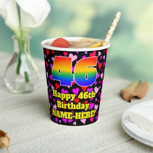 46th Birthday: Loving Hearts Pattern, Rainbow 46 Paper Cups