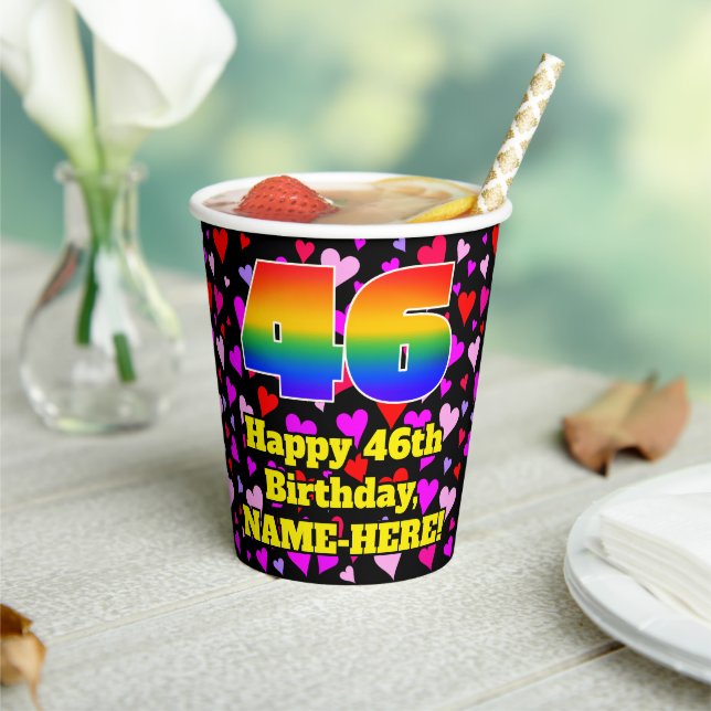 46th Birthday: Loving Hearts Pattern, Rainbow 46 Paper Cups (Insitu)