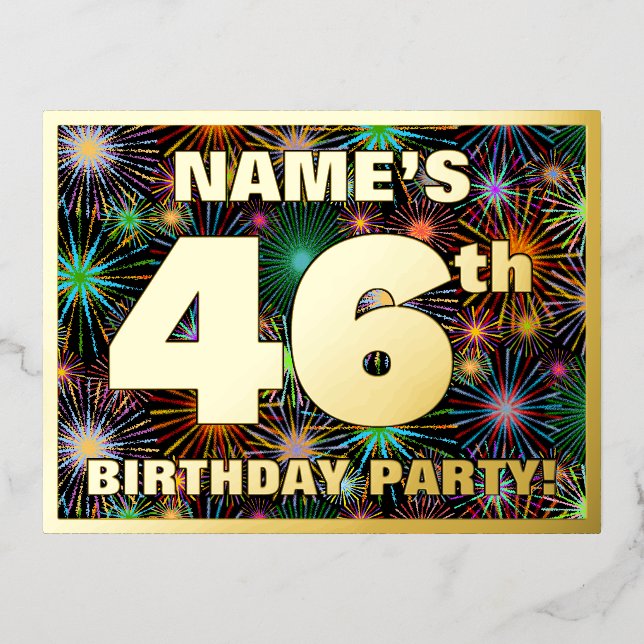 46th Birthday Party: Bold, Colourful Fireworks Loo Foil Invitation Postcard (Front)