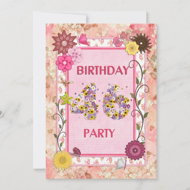 46th birthday party invitation with floral frame (Front)