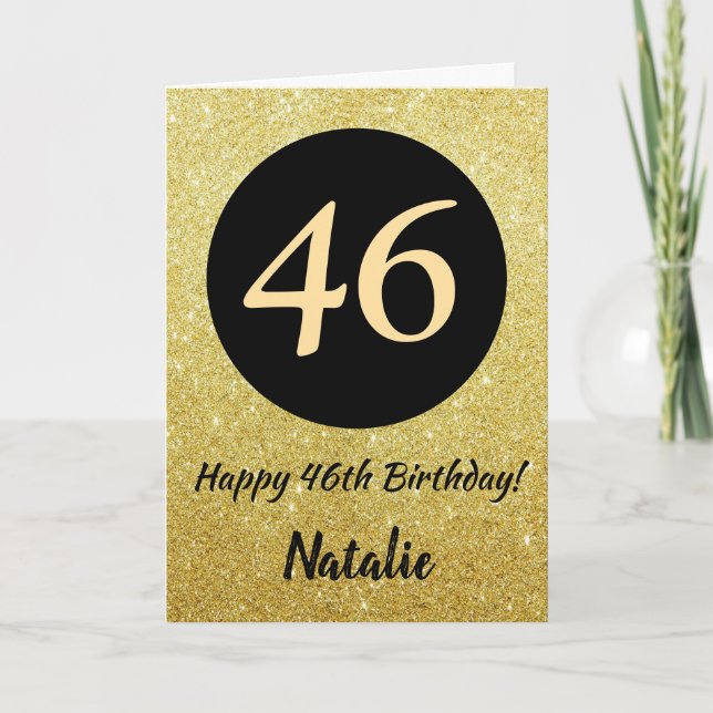 46th Happy Birthday Black and Gold Glitter Card (Front)