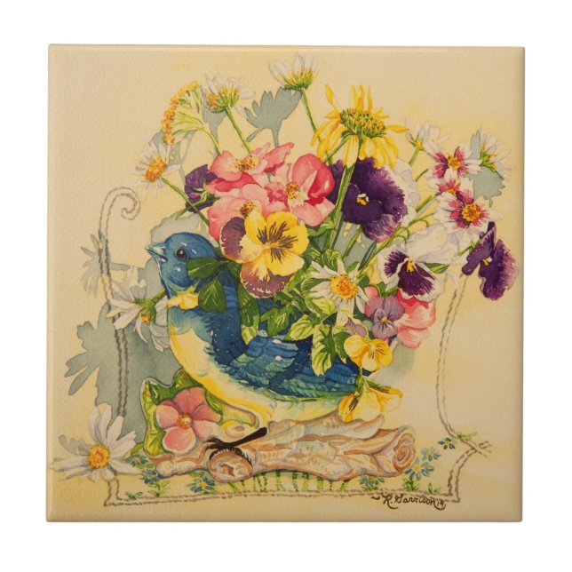 4779 Bluebird Vase with Pansies Tile (Front)