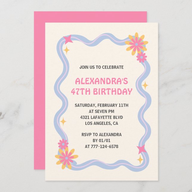 47e anniversaire Invitation Retro Super Rose Fleur (Devant / Derrière)