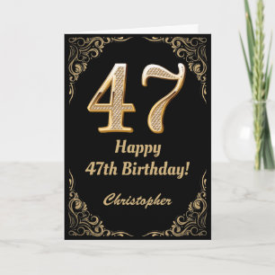 47th Birthday Black and Gold Glitter Frame Card