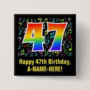 47th Birthday: Colorful Music Symbols, Rainbow 47 2 Inch Square Button