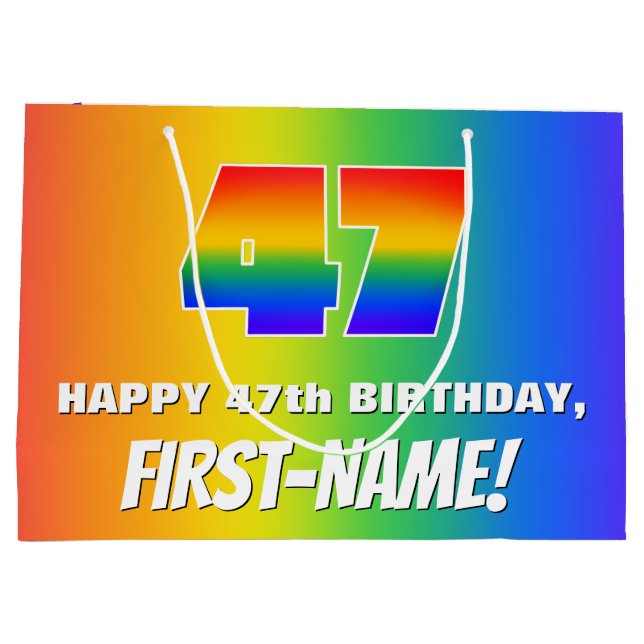 47th Birthday: Colourful, Fun Rainbow Pattern # 47 Large Gift Bag (Back)