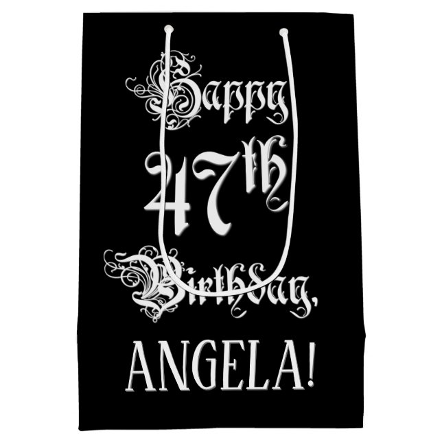 47th Birthday: Fancy, Elegant Script + Custom Name Medium Gift Bag (Back)