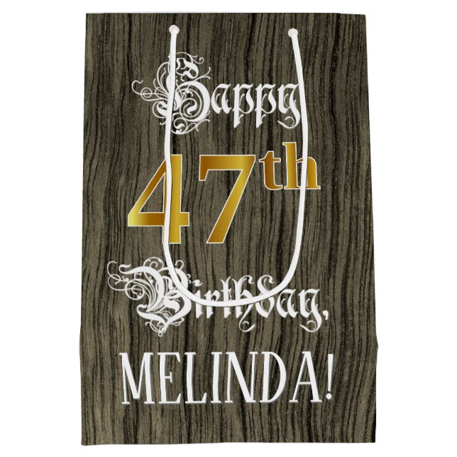 47th Birthday: Faux Gold Look & Faux Wood Pattern Medium Gift Bag (Back)
