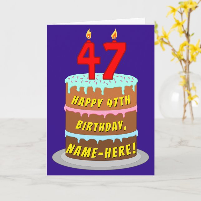 47th Birthday: Fun Cake and Candles + Custom Name Card (Yellow Flower)