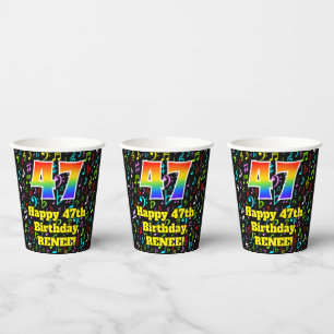 47th Birthday: Fun Music Notes Pattern, Rainbow 47 Paper Cups