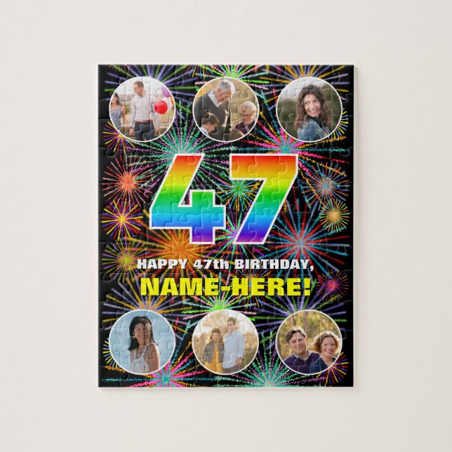 47th Birthday: Fun Rainbow #, Custom Name + Photos Jigsaw Puzzle (Vertical)