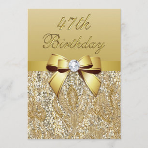 47th Birthday Gold Faux Sequins and Bow Invitation