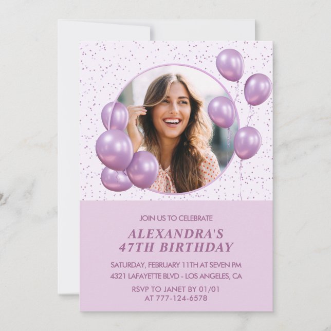 47th birthday invitations Balloons Photo Purple (Front)
