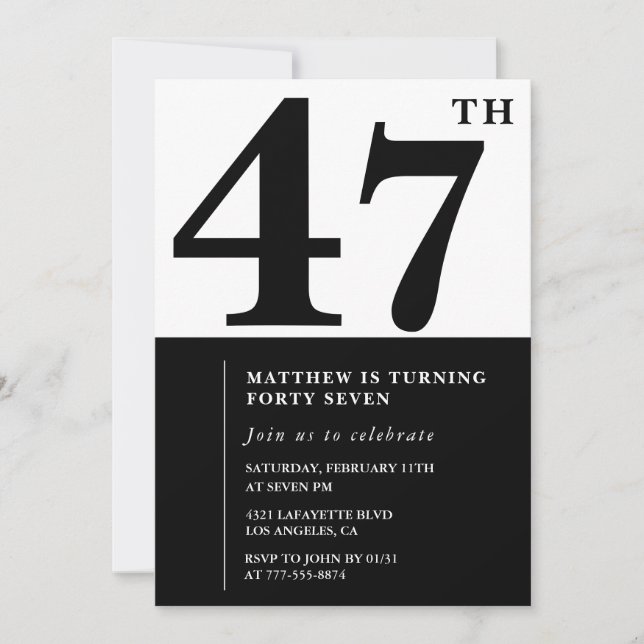 47th birthday invitations Black and White Elegant (Front)