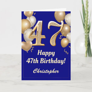 47th Birthday Navy Blue and Gold Balloons Confetti Card