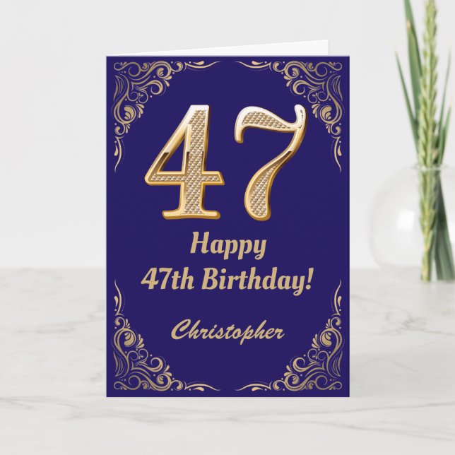 47th Birthday Navy Blue and Gold Glitter Frame Card (Front)