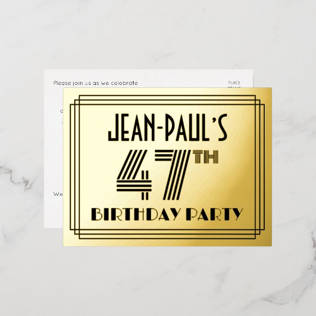47th Birthday Party ~ Art Deco Style “47” + Name Foil Invitation Postcard (Front/Back)