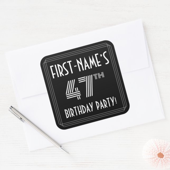 47th Birthday Party: Art Deco Style & Custom Name Square Sticker (Envelope)