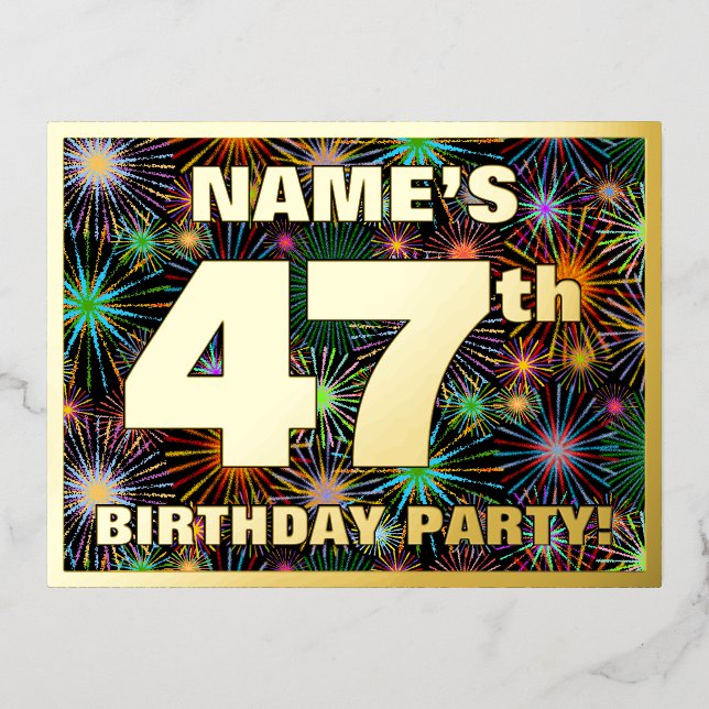 47th Birthday Party: Bold, Colourful Fireworks Loo Foil Invitation Postcard (Front)