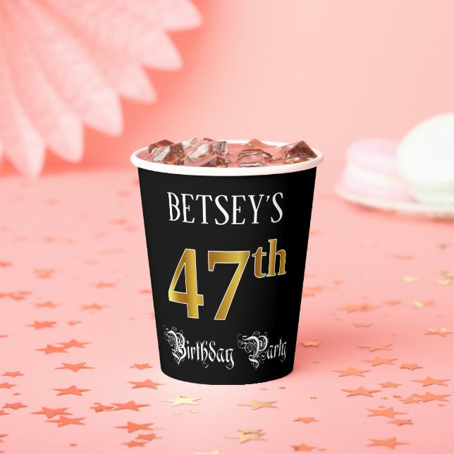47th Birthday Party — Fancy Script, Faux Gold Look Paper Cups (Insitu)
