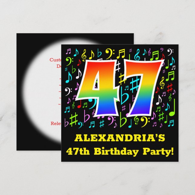 47th Birthday Party: Fun Music Symbols, Rainbow 47 Invitation (Front/Back)