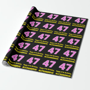 47th Birthday: Pink Stripes and Hearts "47" + Name Wrapping Paper