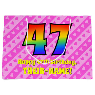 47th Birthday: Pink Stripes & Hearts, Rainbow # 47 Large Gift Bag