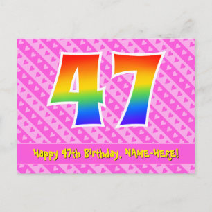 47th Birthday: Pink Stripes & Hearts, Rainbow 47 Postcard