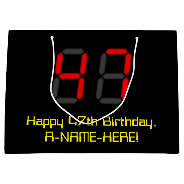 47th Birthday: Red Digital Clock Style "47" + Name Large Gift Bag (Front)