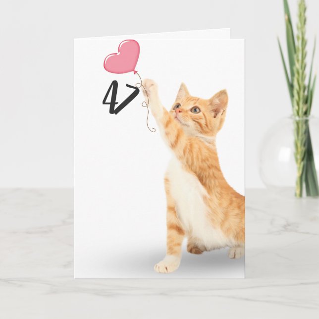 47th birthday tabby cat with heart balloon card (Front)