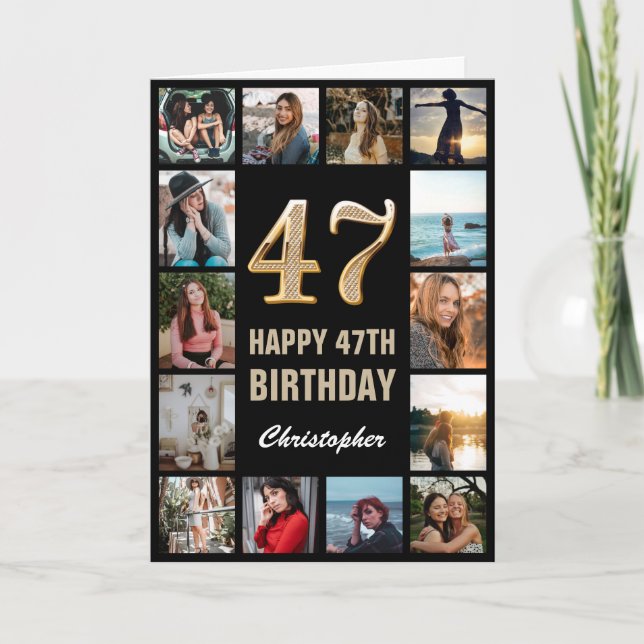 47th Happy Birthday Black and Gold Photo Collage Card (Front)