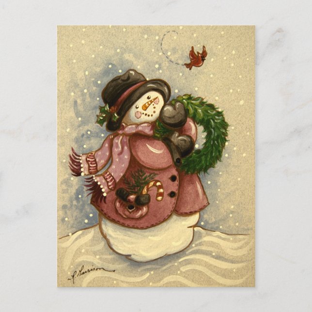 4886 Snowman Wreath Cardinal Christmas Holiday Postcard (Front)