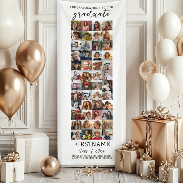 48 Photo Collage Graduation Modern Minimal White Banner (Custom Graduation Banner - Great for a backdrop or Grad Party Decoration)