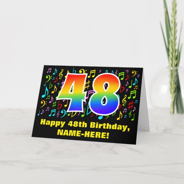 48th Birthday: Colorful Music Symbols & Rainbow 48 Card (Front)